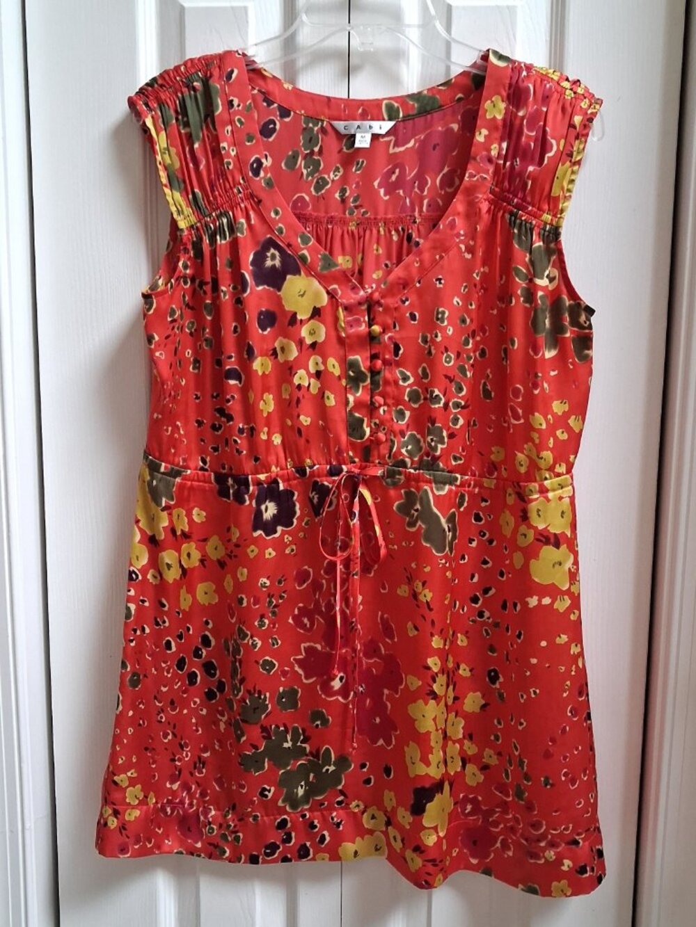 CABI Art Teacher Orange Red Wildflower V-Neck Cap Sleeve Tunic Top sz M